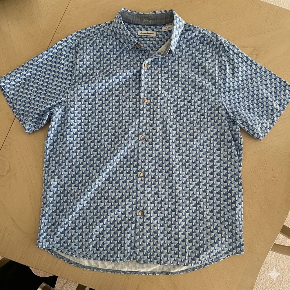 Tommy Bahama Juno Beach Silk Shirt Men’s XXL Blue Geometric Resort Button Down
